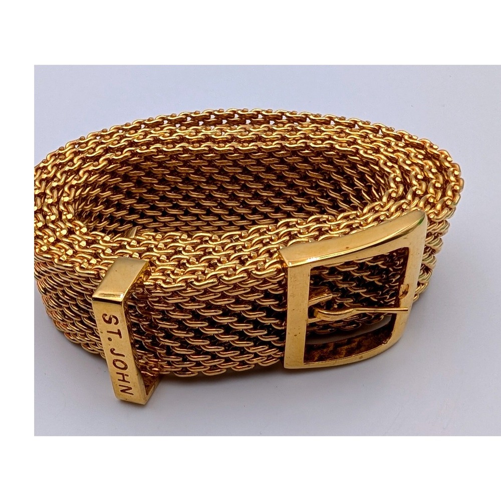 St. John Knits Vintage Gold Tone Metal Mesh Chain Buckle Belt Logo Keeper 34.5in